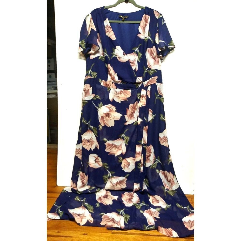 ALWAYS INDIGO Floral Dress 1X/2X/3X FLUTTER SLEEVE maxi blue brown fit and flare